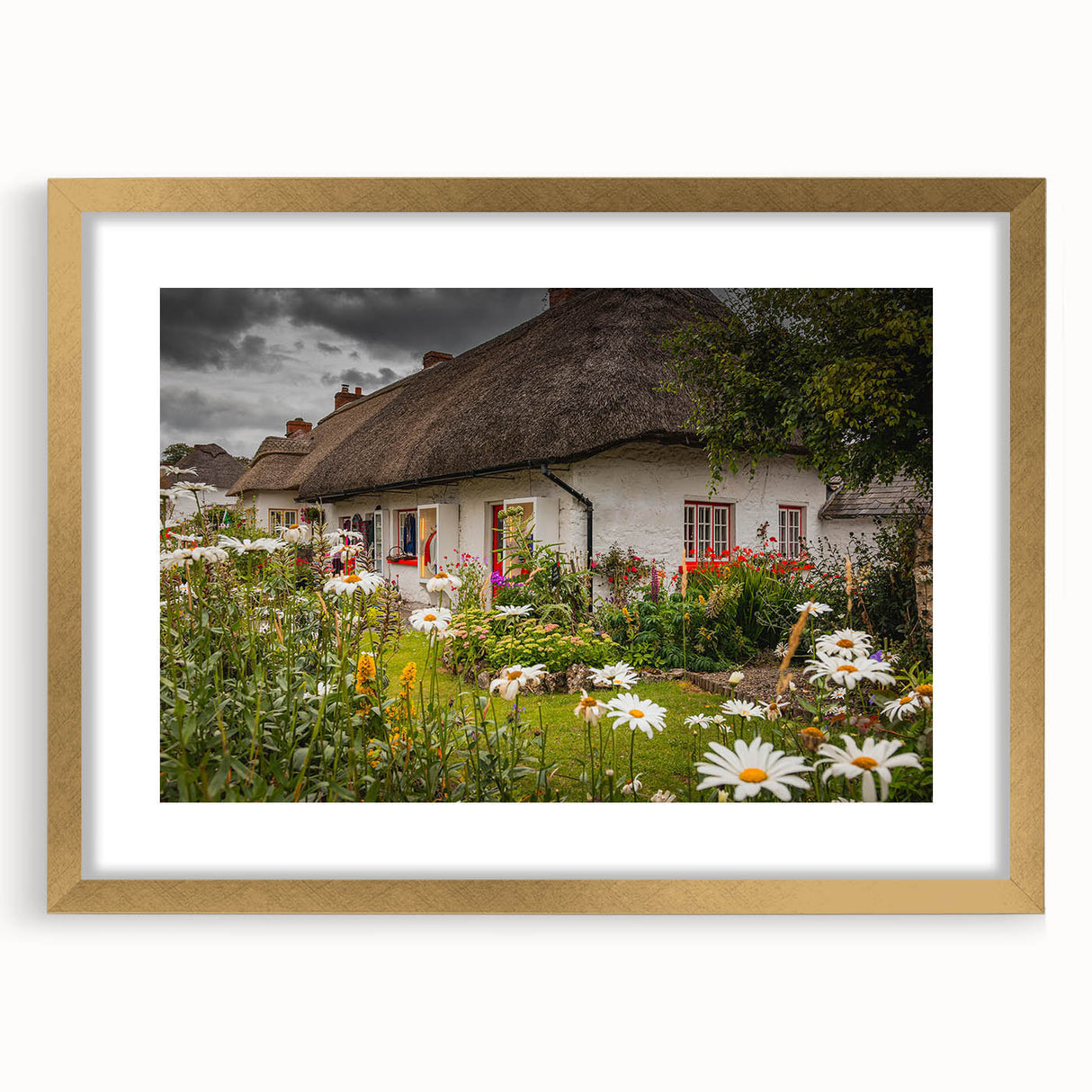 Extra large abstract print of an Irish landscape in textured gold frame, suited for living room decor.