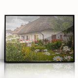 Large abstract wall art depicting a stylized Irish landscape in muted green and blue tones, framed in black acrylic.
