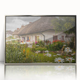 Mid-century modernist art depicting an Irish landscape in muted greens and blues, framed in silver acrylic.