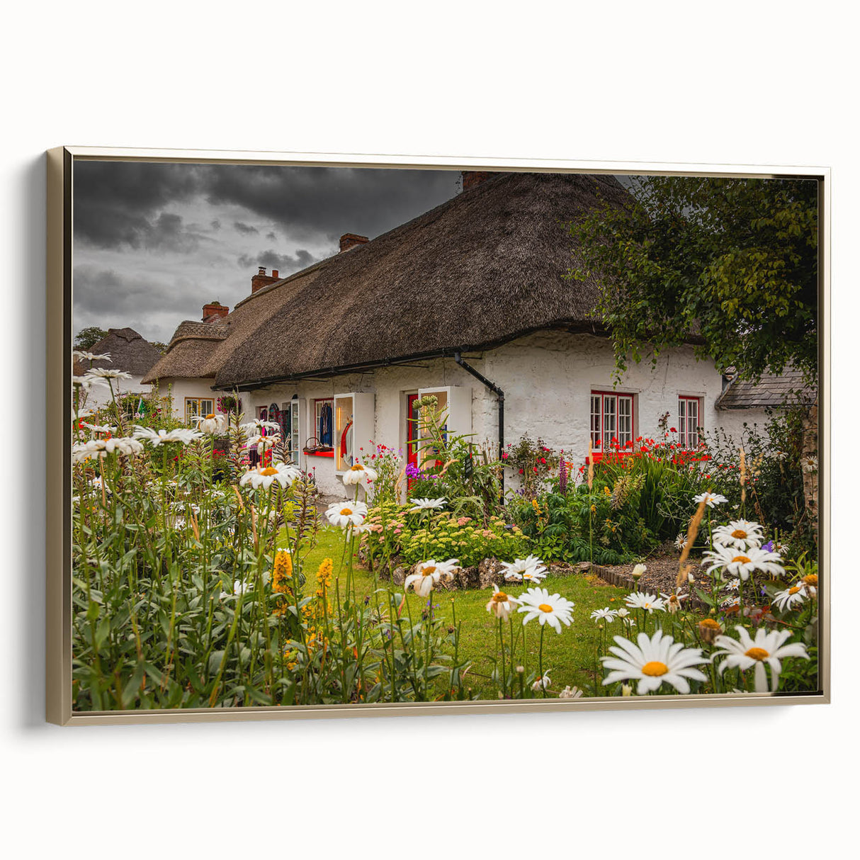 Landscape painting of an Irish countryside on framed canvas, featuring muted green and gold tones.