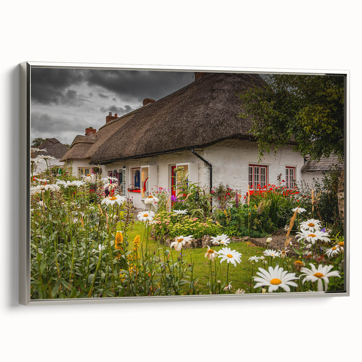 Framed canvas landscape art painting of an Irish scenery in vibrant green and blue tones, ideal for living room decor.