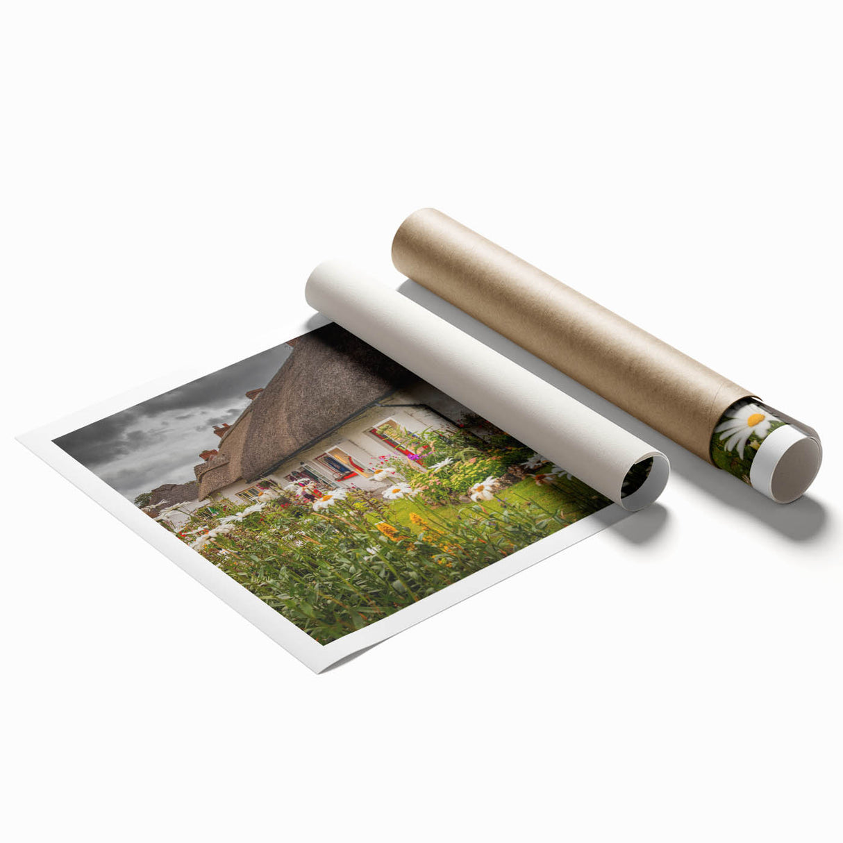 Extra large rolled print of a serene Irish landscape with lush greenery and floral elements.