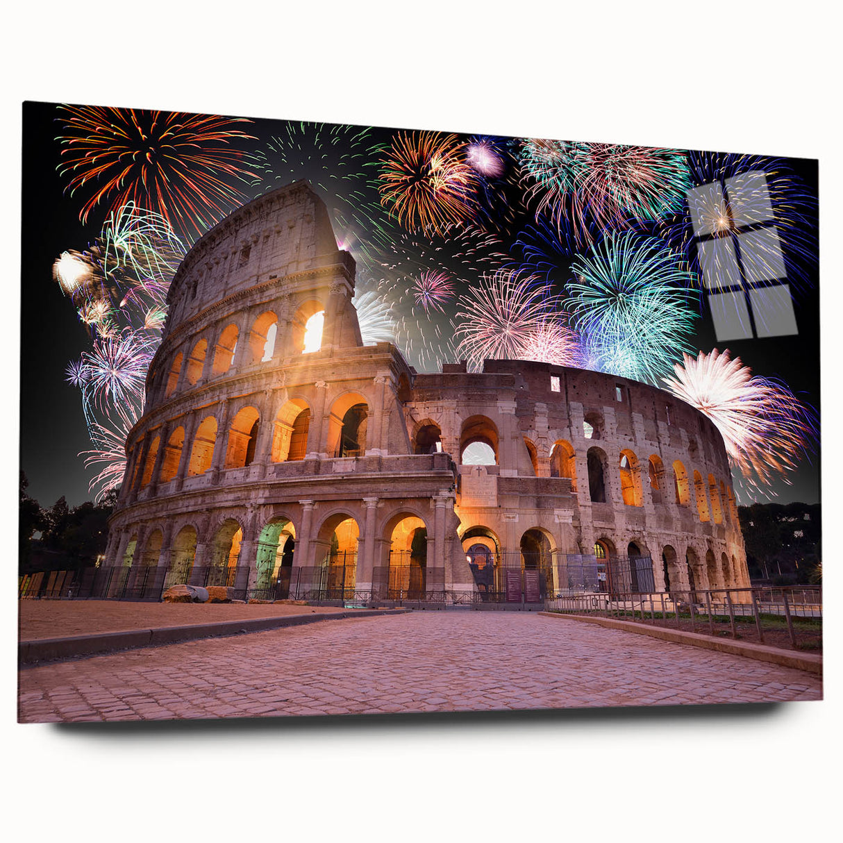 Large abstract wall art depicting a serene Rome cityscape in muted earth tones on acrylic glass.