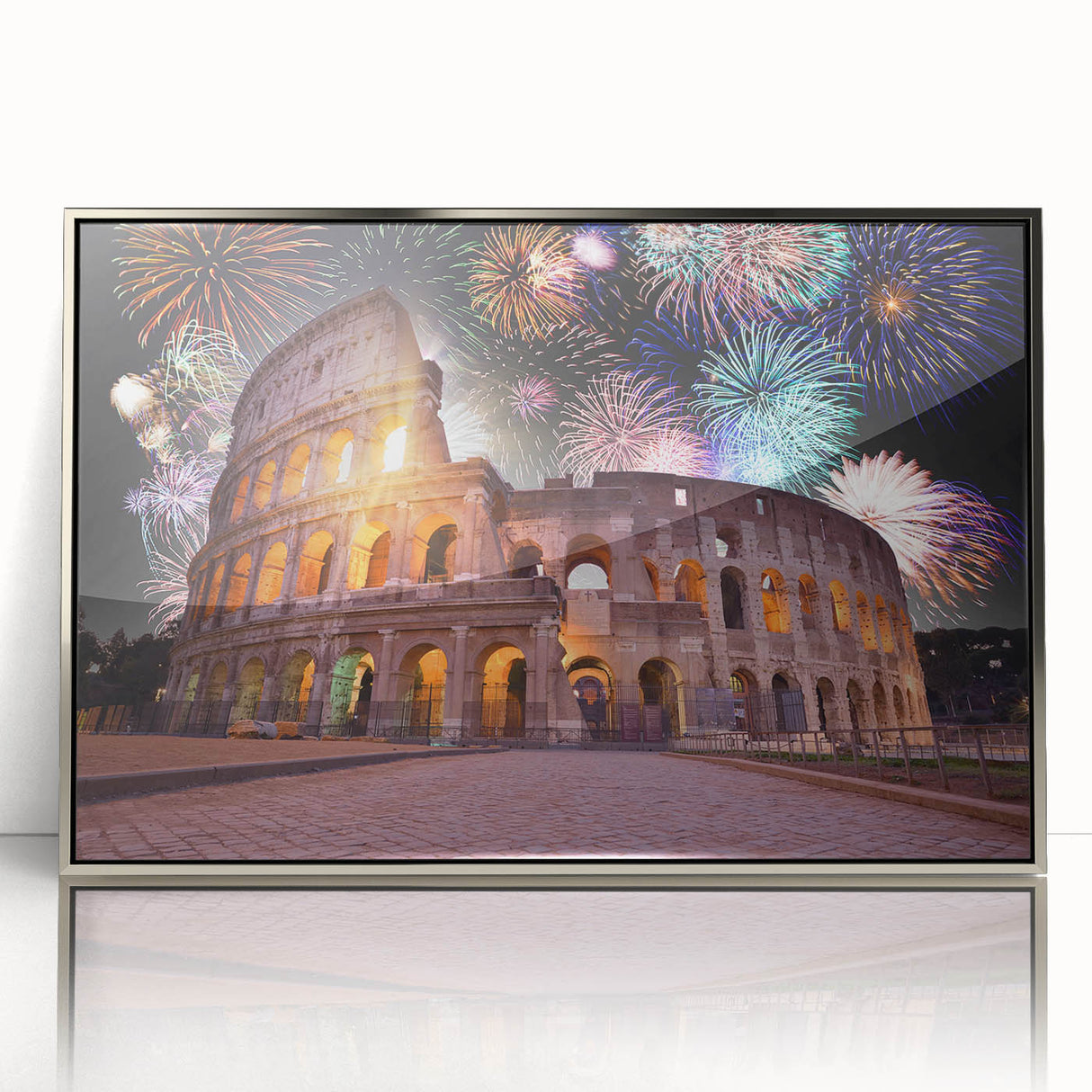 Acrylic print of Rome's cityscape in muted earth tones, framed in silver, suitable as modern art wall decor.