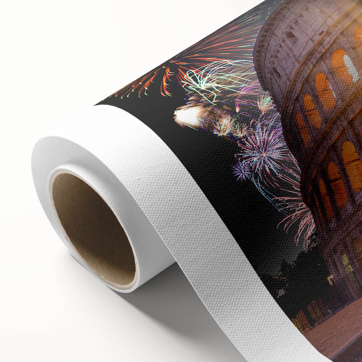 Art deco poster of Rome scenery on rolled canvas, with muted earth tones, ideal for nursery wall art.
