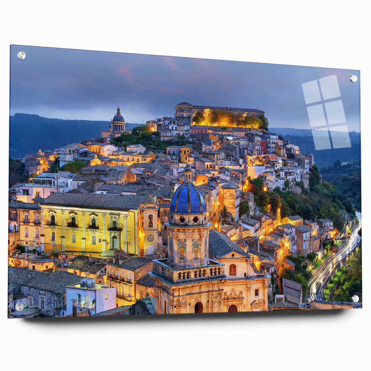 Acrylic print of Sicilian landscape with muted earth tones, ideal for dining room decor.