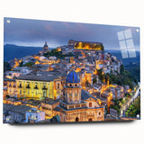 Acrylic print of Sicilian landscape with muted earth tones, ideal for dining room decor.