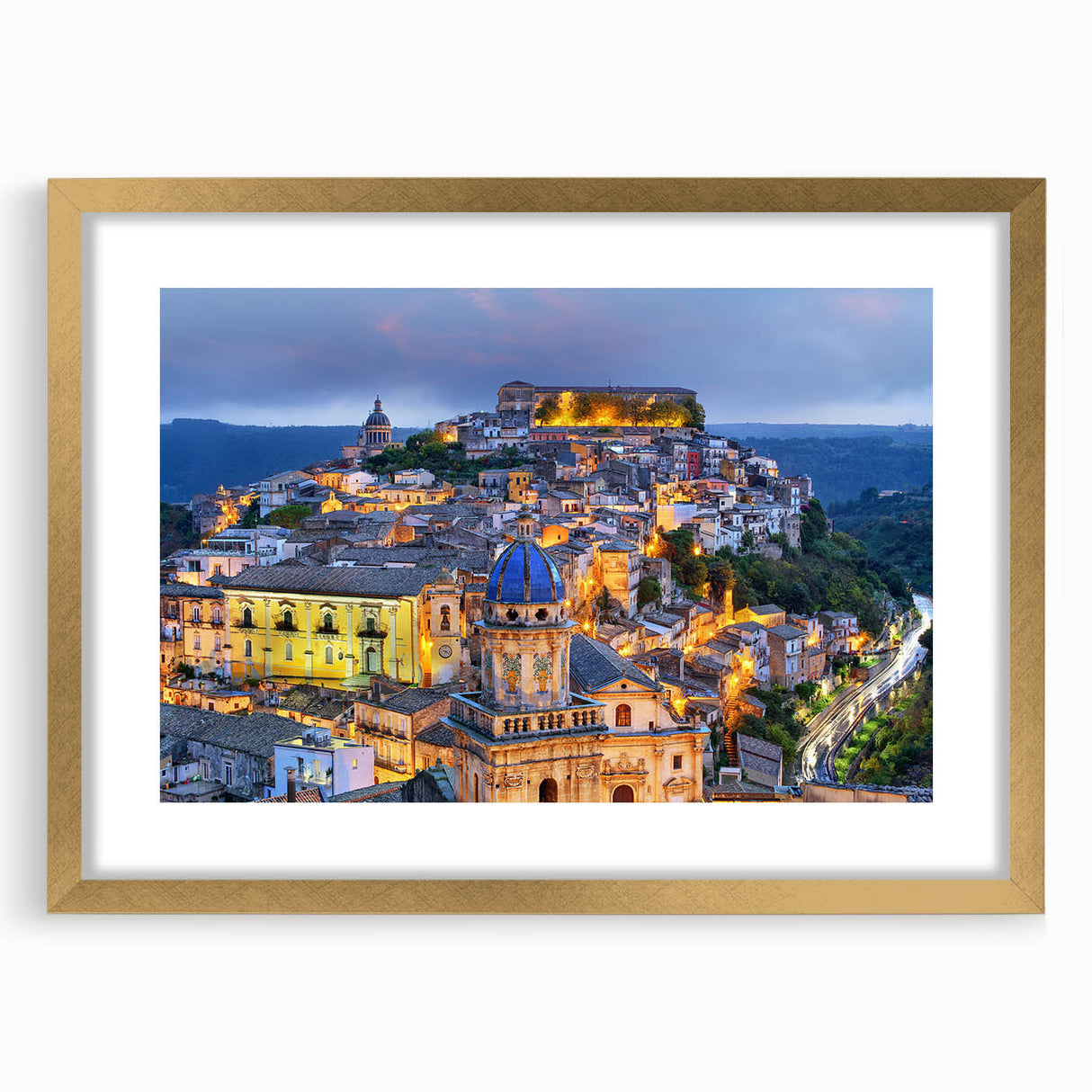 Abstract art print of a Sicilian landscape in muted earth tones on a framed canvas, suitable for dining room decor.