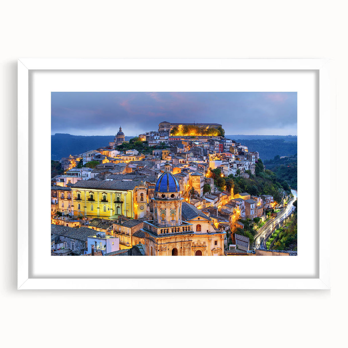 Textured abstract art print depicting Sicilian scenery in muted earth tones, framed with a white mat.