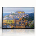 Large abstract wall art depicting a Sicilian landscape in muted earth tones on a framed acrylic.