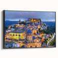 Black and white vintage poster art of Sicily landscape on framed canvas, ideal for bedroom wall decor.