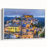 Vintage poster art of Sicilian landscape on framed canvas, featuring vibrant colors, ideal for living room decor.