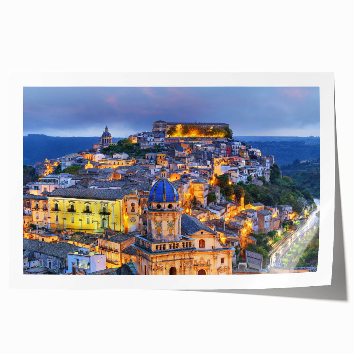 Rolled print of Sicilian landscape with vibrant floral elements, ideal for art wall dining room.
