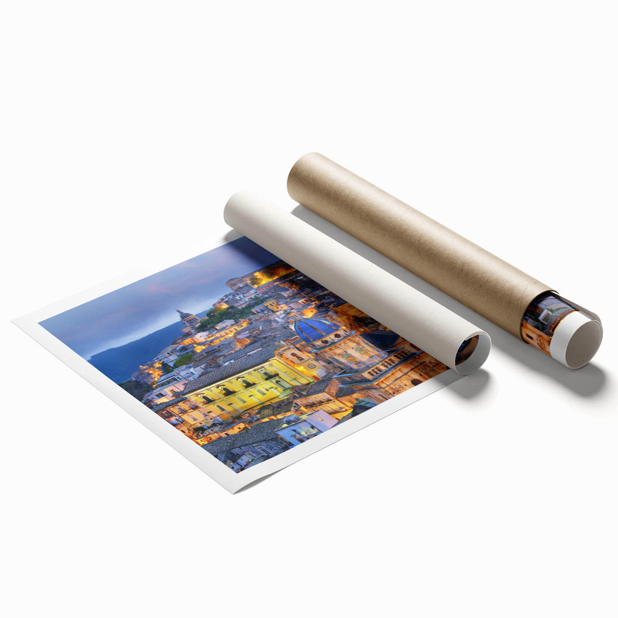 Extra large rolled print of Sicilian landscape with vibrant floral elements, ideal for classy bathroom wall art.