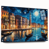 Acrylic glass print of Venice scenery with muted blue and tan hues, suitable for dining room decor.