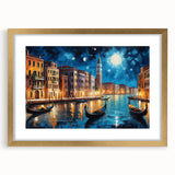 Abstract art print of Venice scenery in muted gold and blue tones on a framed canvas, suitable for dining room decor.