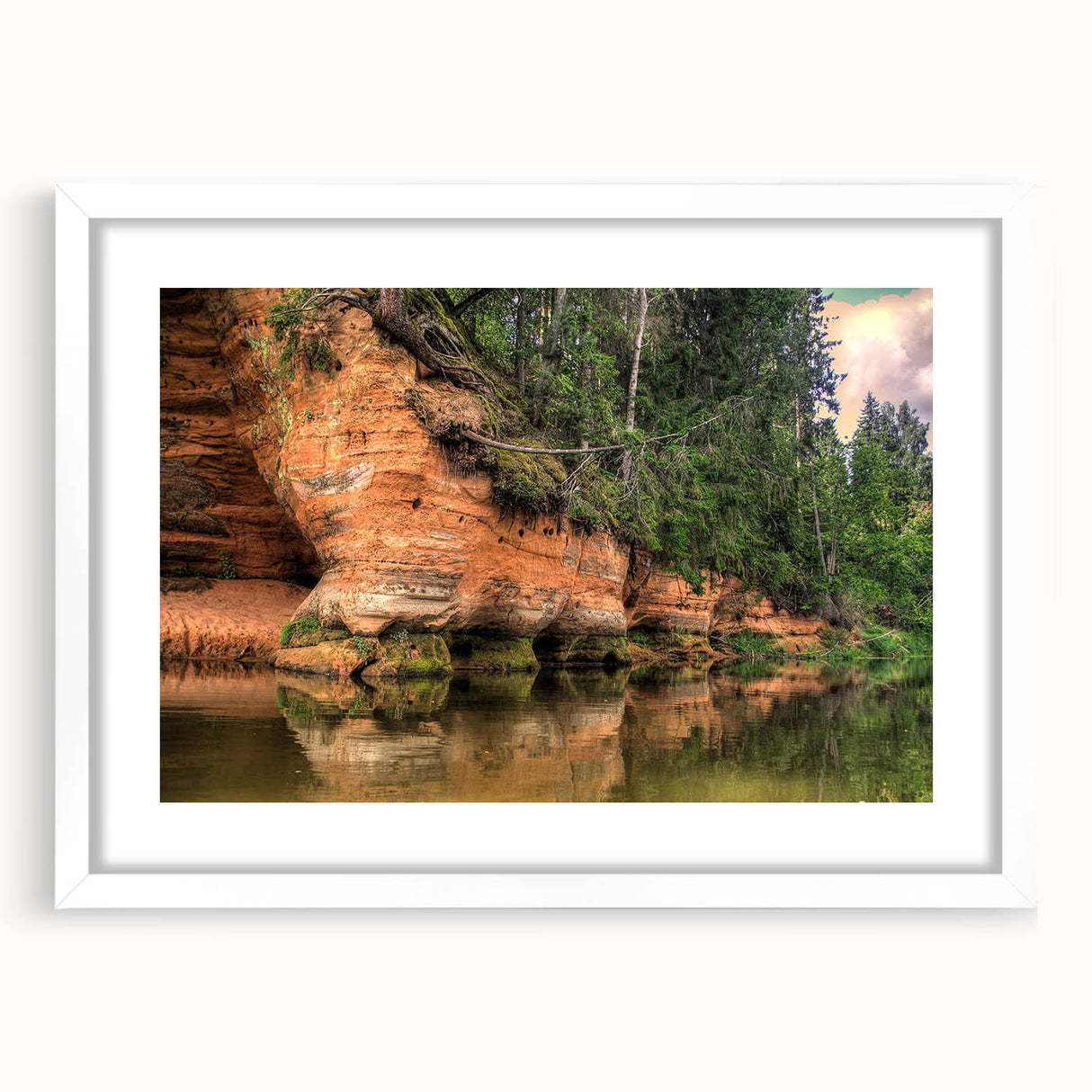 Textured abstract art print depicting a European landscape in muted earth tones, framed with a white mat.