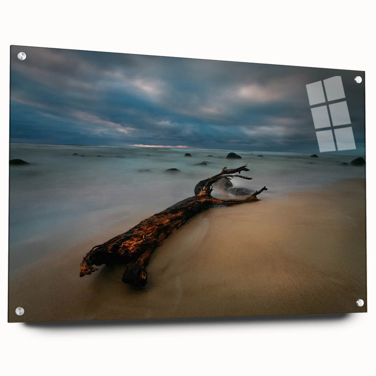 Acrylic print of a European Lithuanian landscape in muted greens and blues, suitable for bedroom or dining room decor.