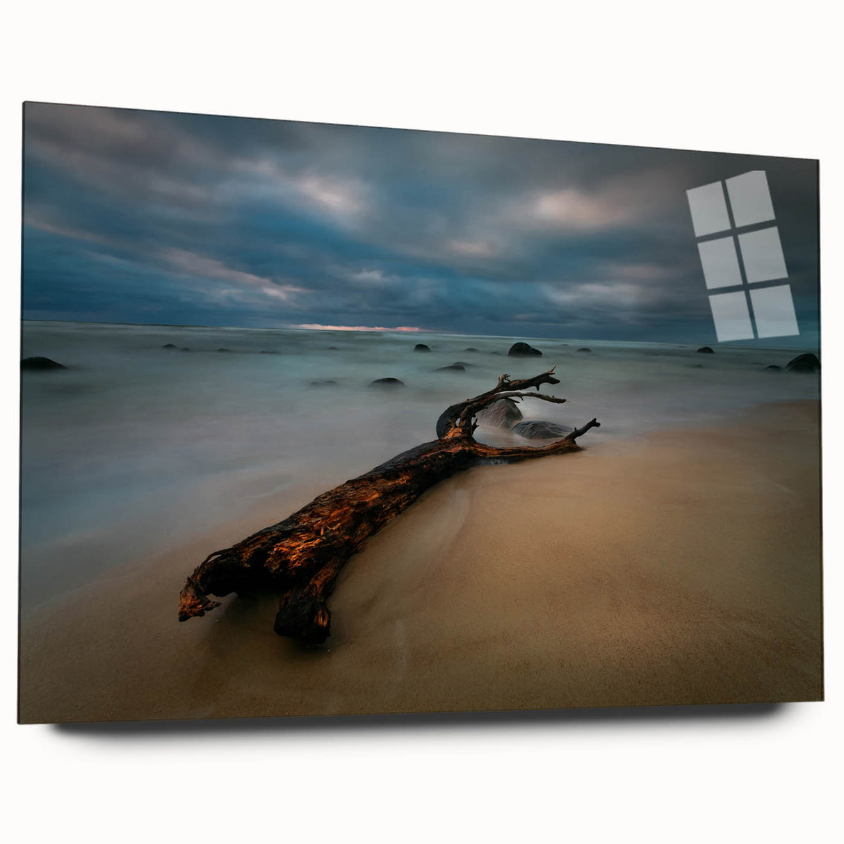 Large abstract wall art of a European landscape in muted tones on acrylic glass, ideal for bedroom or dining room decor.