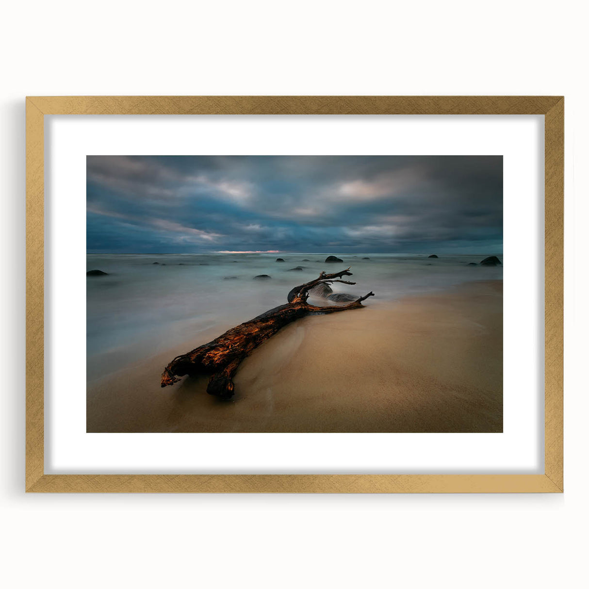 Abstract art print of a European scenery in muted green and gold tones, framed in gold, ideal for dining room decor.