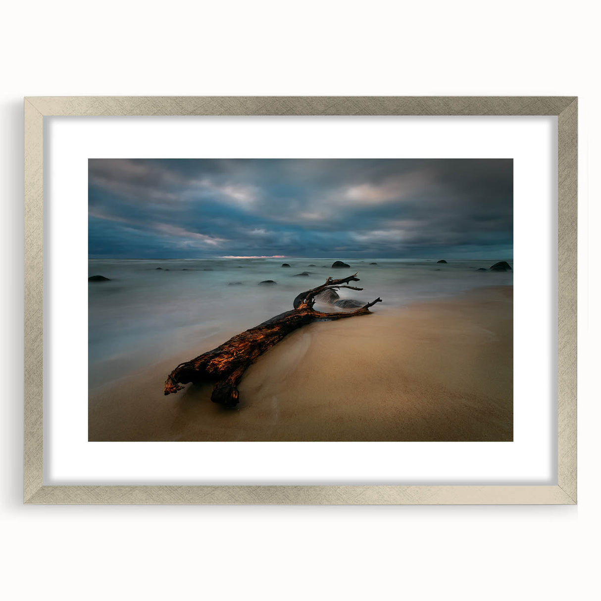 Extra large abstract art print of a European Lithuanian landscape in muted earth tones, framed in silver.