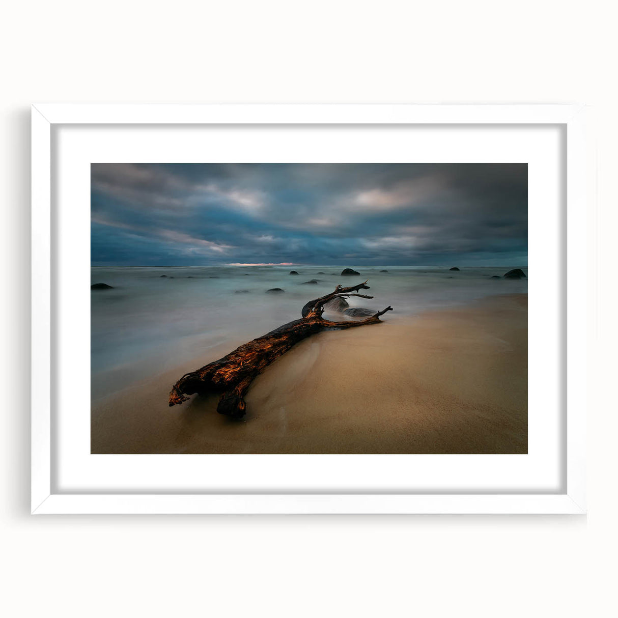 Textured abstract art print of a European scenery in Lithuania, featuring muted earth tones on a framed white mat.