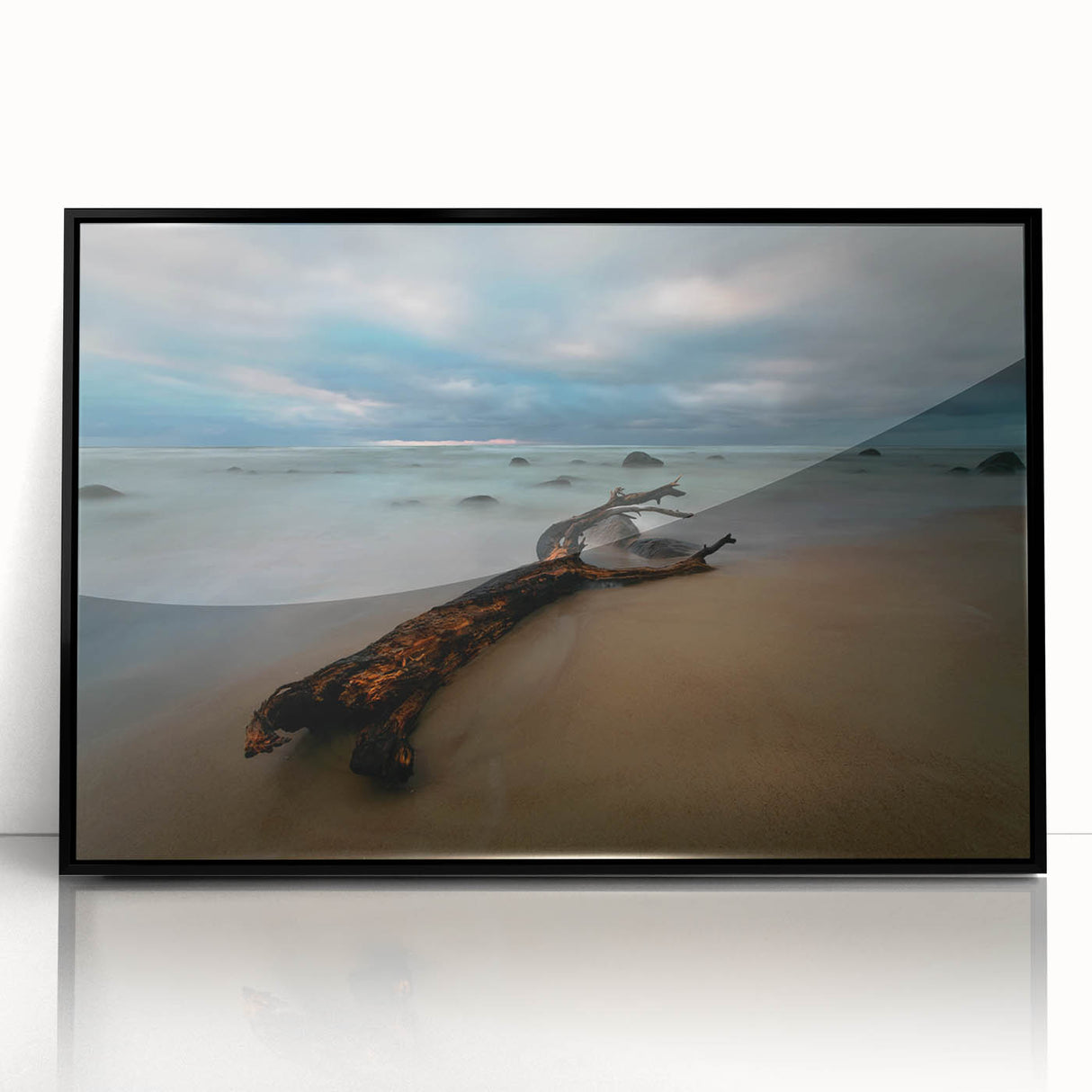 Large abstract wall art depicting a European Lithuanian landscape in muted colors on a framed acrylic.