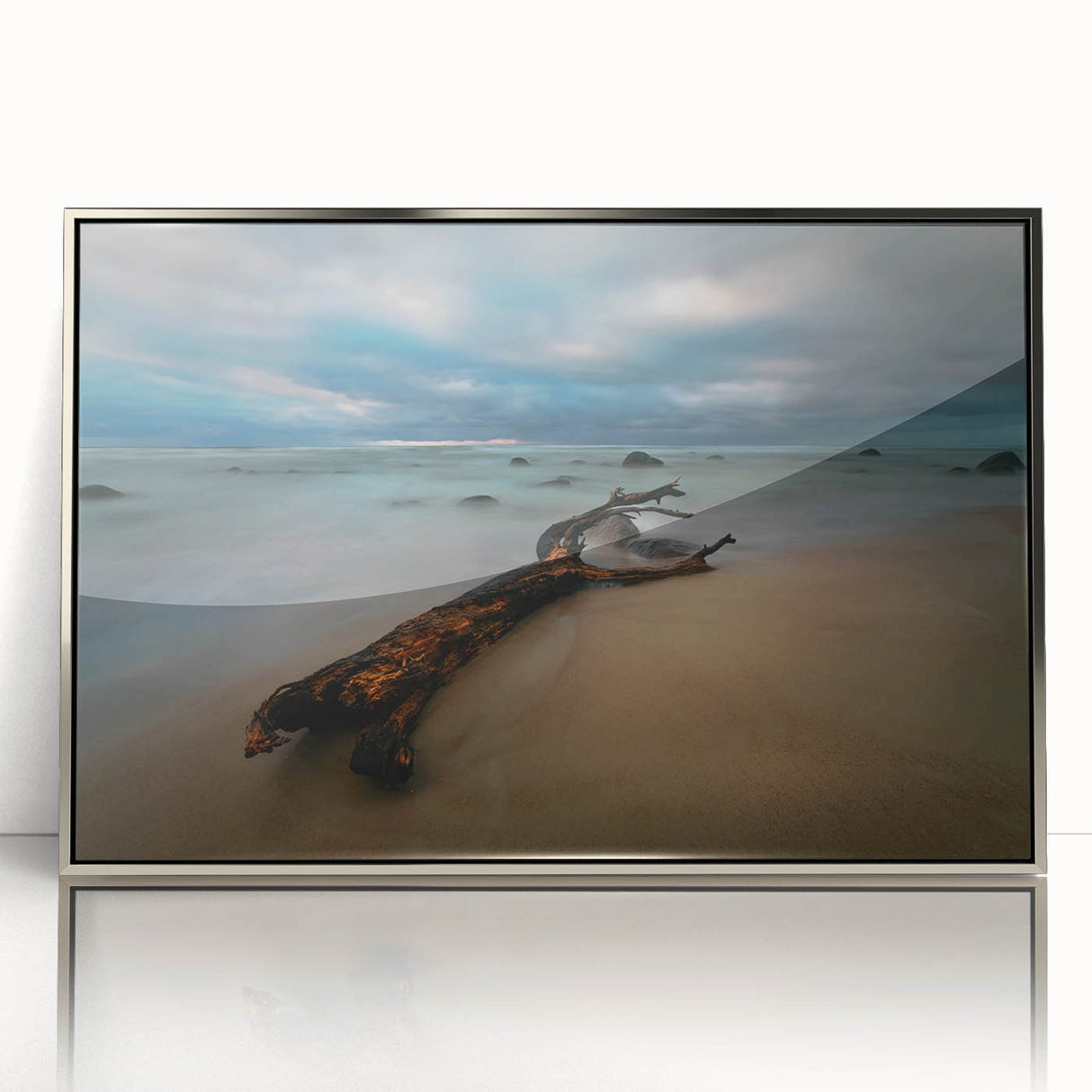 Large art print of a European Lithuanian scenery in muted earth tones, framed in silver acrylic.