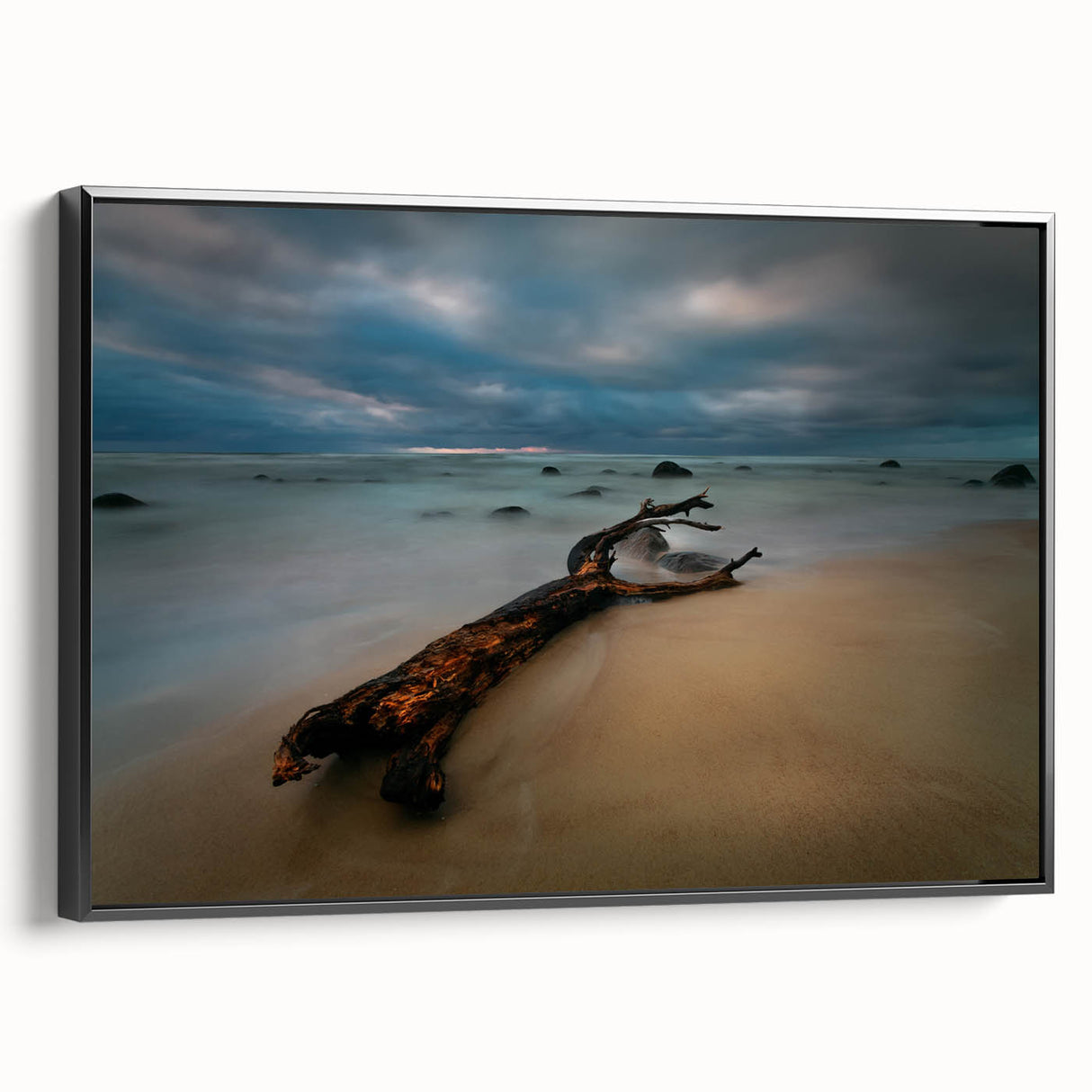 Black and white wall art of a Lithuanian landscape on framed canvas, ideal for bedroom decor.
