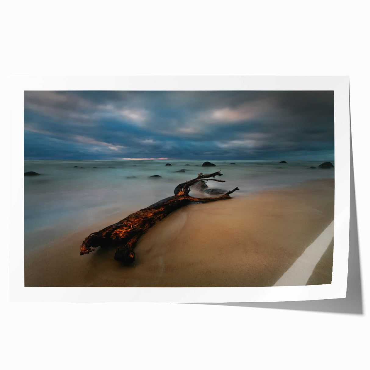 Extra large rolled print depicting a serene Lithuanian landscape with vibrant green fields and clear blue sky.