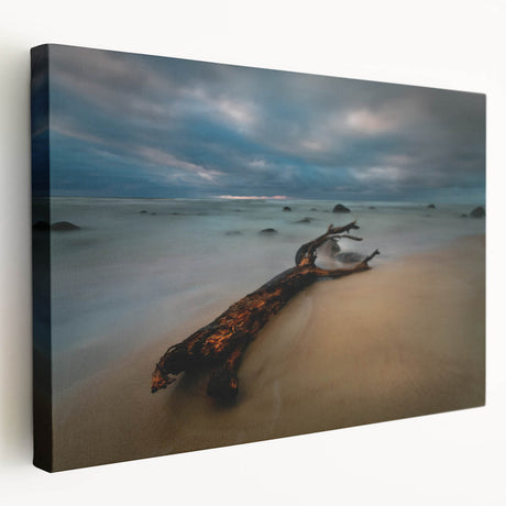 Large stretched canvas featuring a serene Lithuanian landscape in muted earth tones, ideal for kitchen wall art.