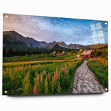 Acrylic print of a European landscape in muted green and blue tones, ideal for dining room decor.