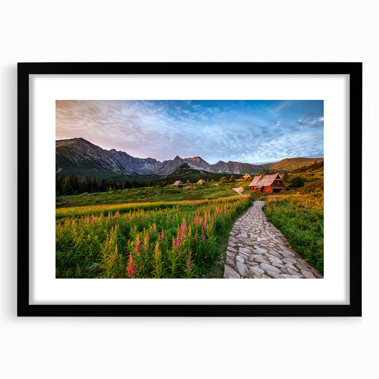 Extra large abstract art print featuring a colorful, textured depiction of a European scenery, framed in black.