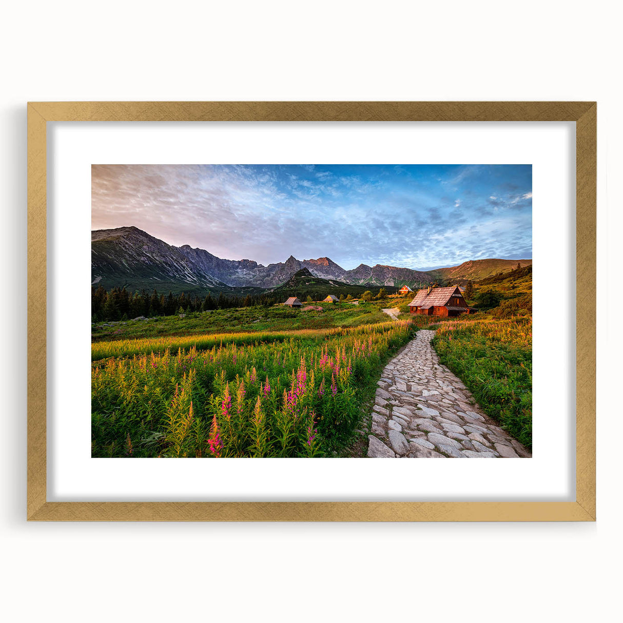 Abstract art print of a European landscape in muted green and brown tones, framed in gold, ideal for dining room decor.