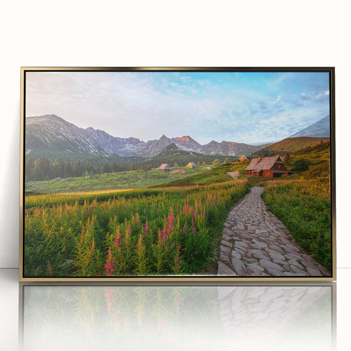 Art deco poster depicting a European scenery in gold and black tones on framed acrylic, suited for modern art wall decor.