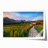 Rolled print of a European scenery in Poland featuring floral elements in soft pastel shades, suitable for dining room decor.