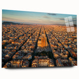 Large abstract wall art of Barcelona scenery in muted earth tones on acrylic glass, ideal for bedroom or dining room decor.