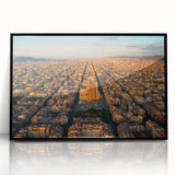 Large abstract wall art featuring a Barcelona cityscape in muted gray and blue tones on a framed acrylic panel.