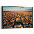 Black and white framed canvas of Barcelona landscape in a vintage poster style, ideal for bedroom decor.