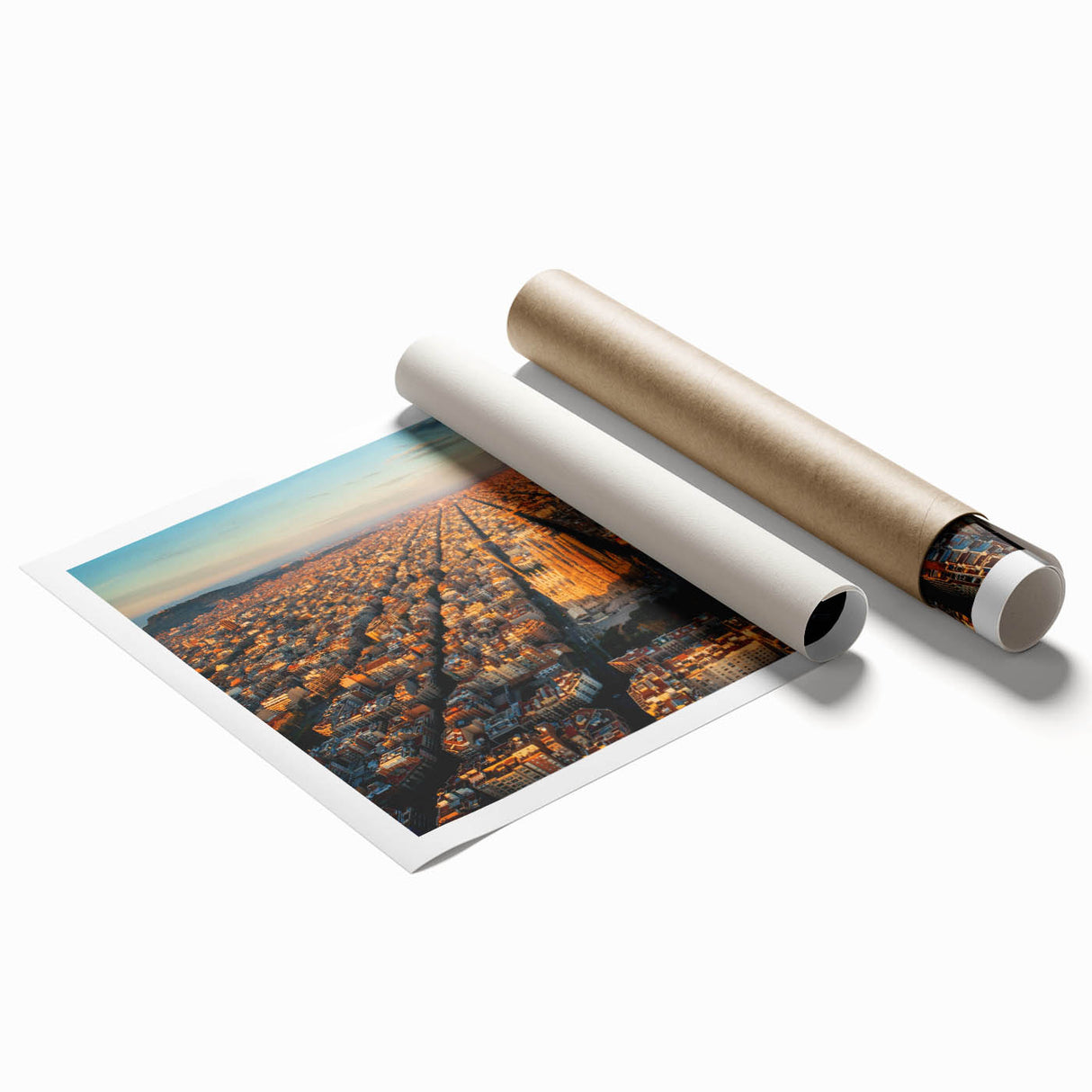 Extra large rolled print of Barcelona scenery with vibrant floral elements, ideal for classy bathroom wall art.