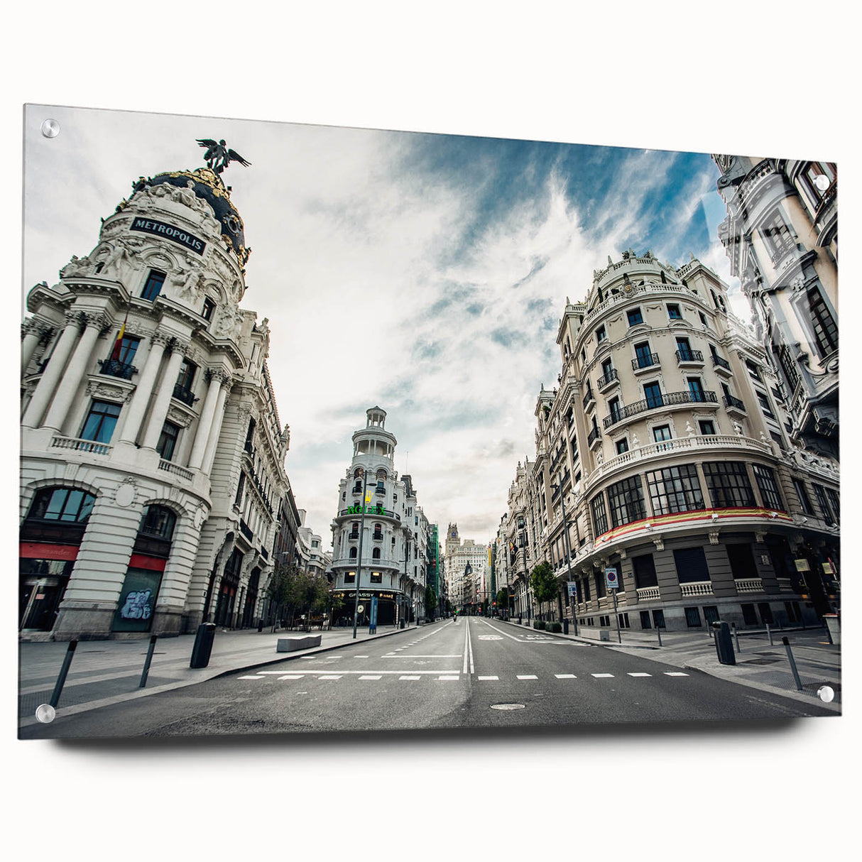 Acrylic print of Madrid skyline in muted earth tones, suitable for bedroom or dining room decor.