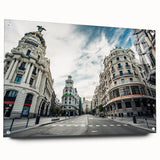 Acrylic print of Madrid skyline in muted earth tones, suitable for bedroom or dining room decor.