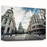 Large abstract wall art of Madrid scenery in muted earth tones on acrylic glass, suitable for bedroom or dining room decor.
