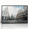 Large abstract wall art depicting the Madrid skyline in muted gray and gold tones on a framed acrylic canvas.