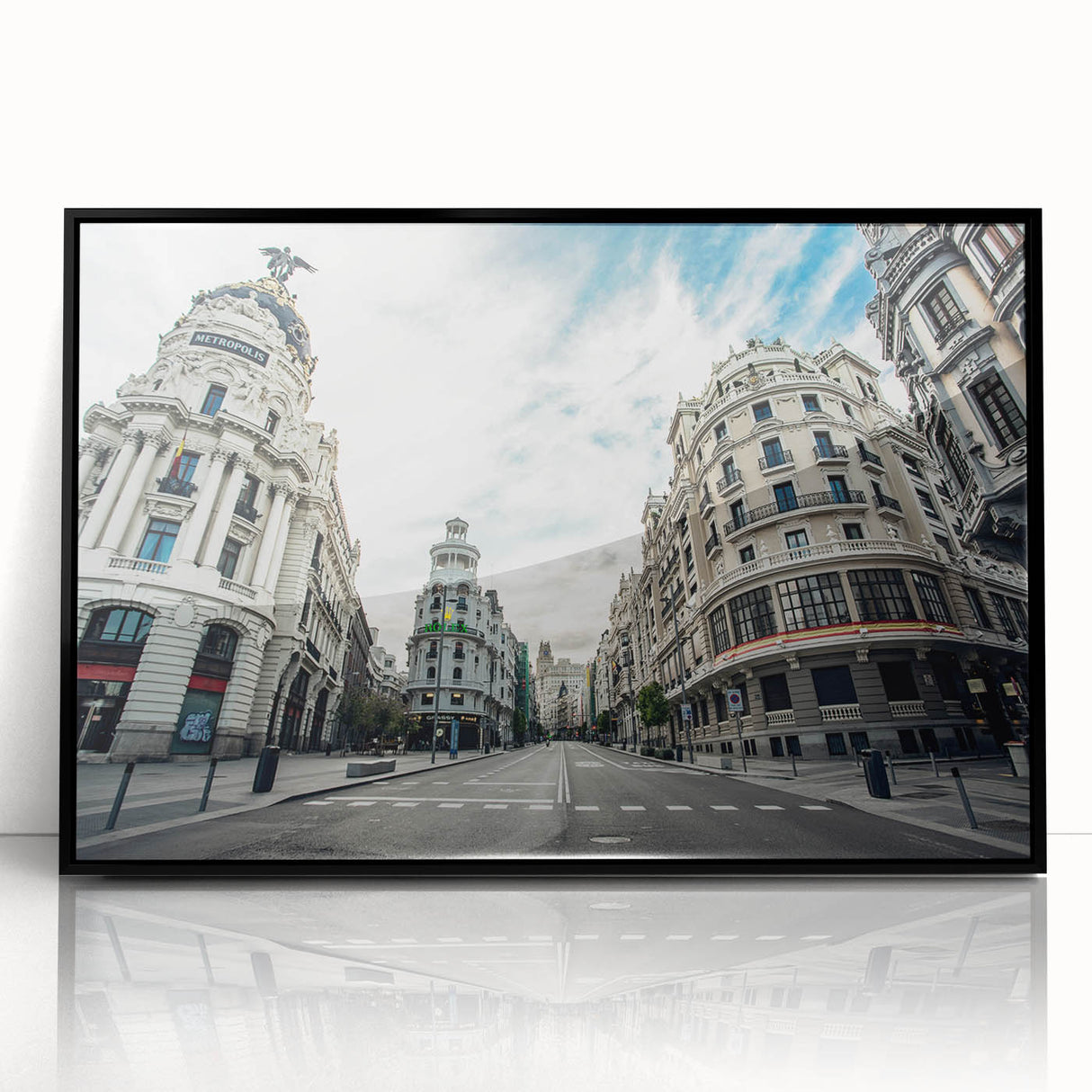 Large abstract wall art depicting the Madrid skyline in muted gray and gold tones on a framed acrylic canvas.