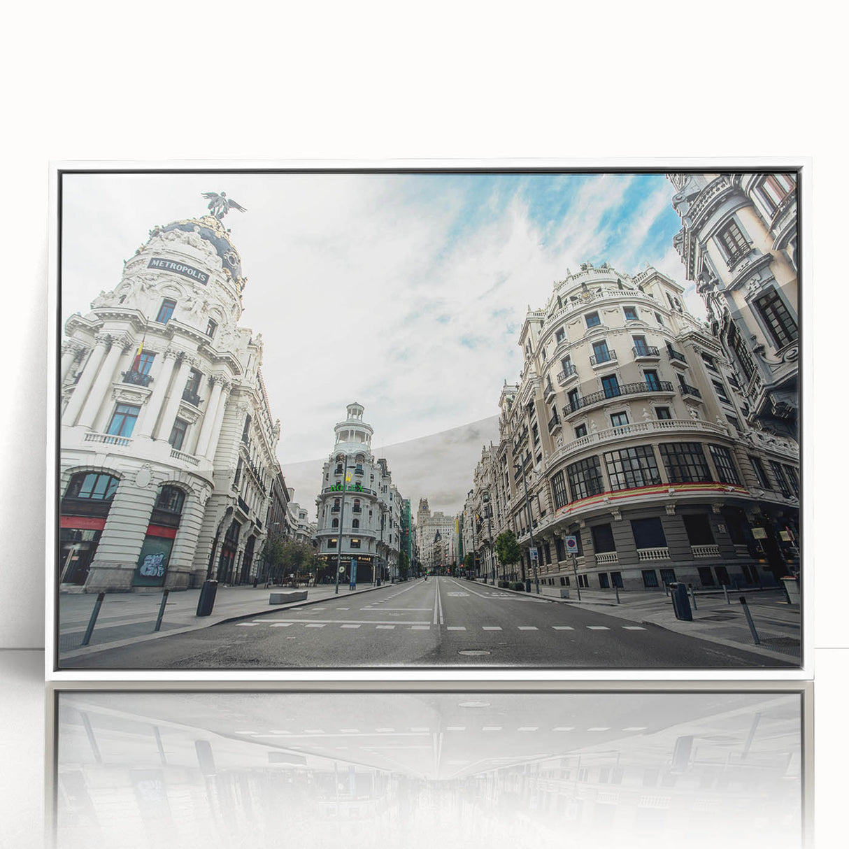 Acrylic print of Madrid scenery in art deco style with vibrant hues, ideal for modern art wall decor.