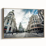 Framed canvas featuring a vintage-style landscape painting of Madrid with a gold frame, ideal for bedroom wall art.