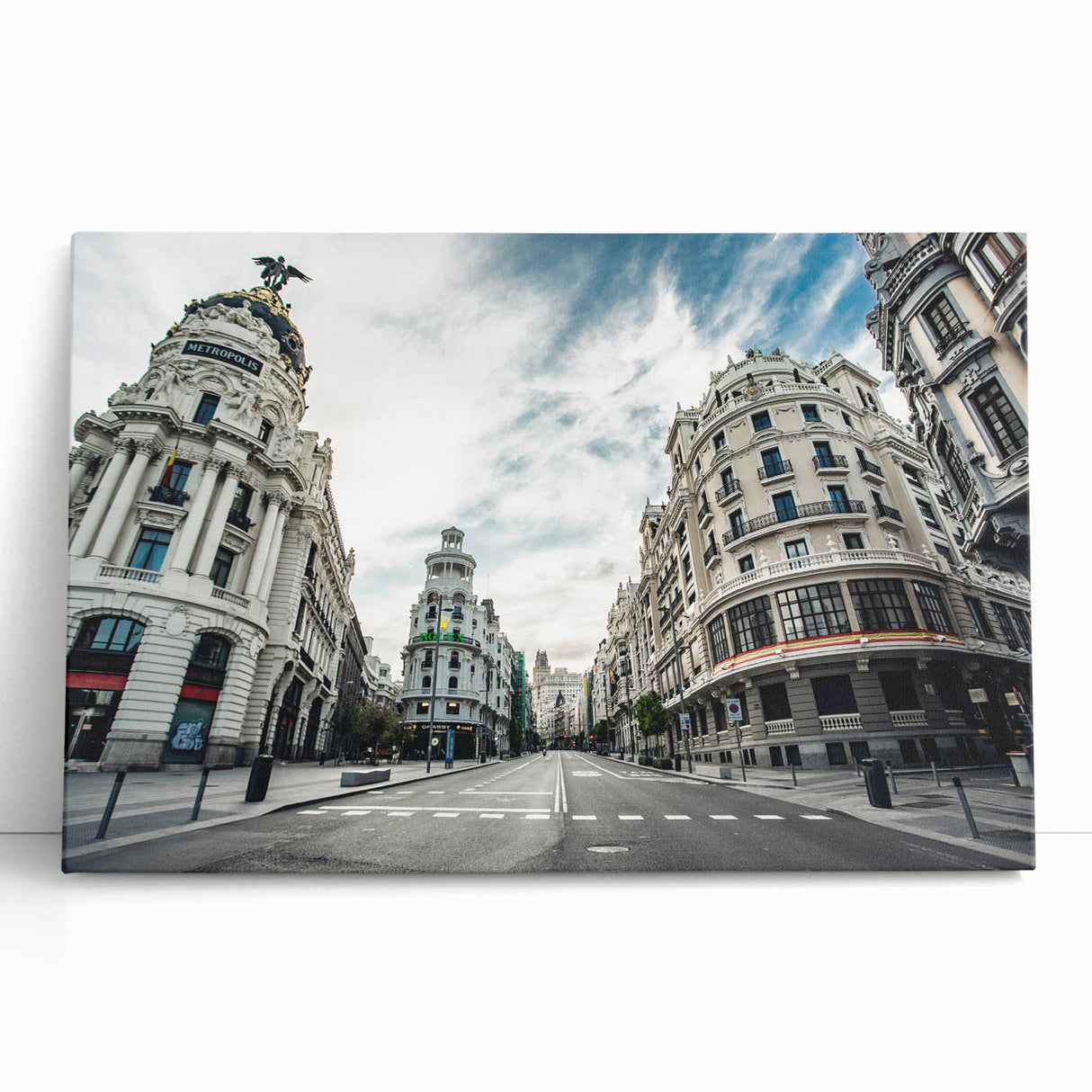 Large black and white stretched canvas of Madrid scenery, ideal for kitchen wall art or bedroom ambiance.