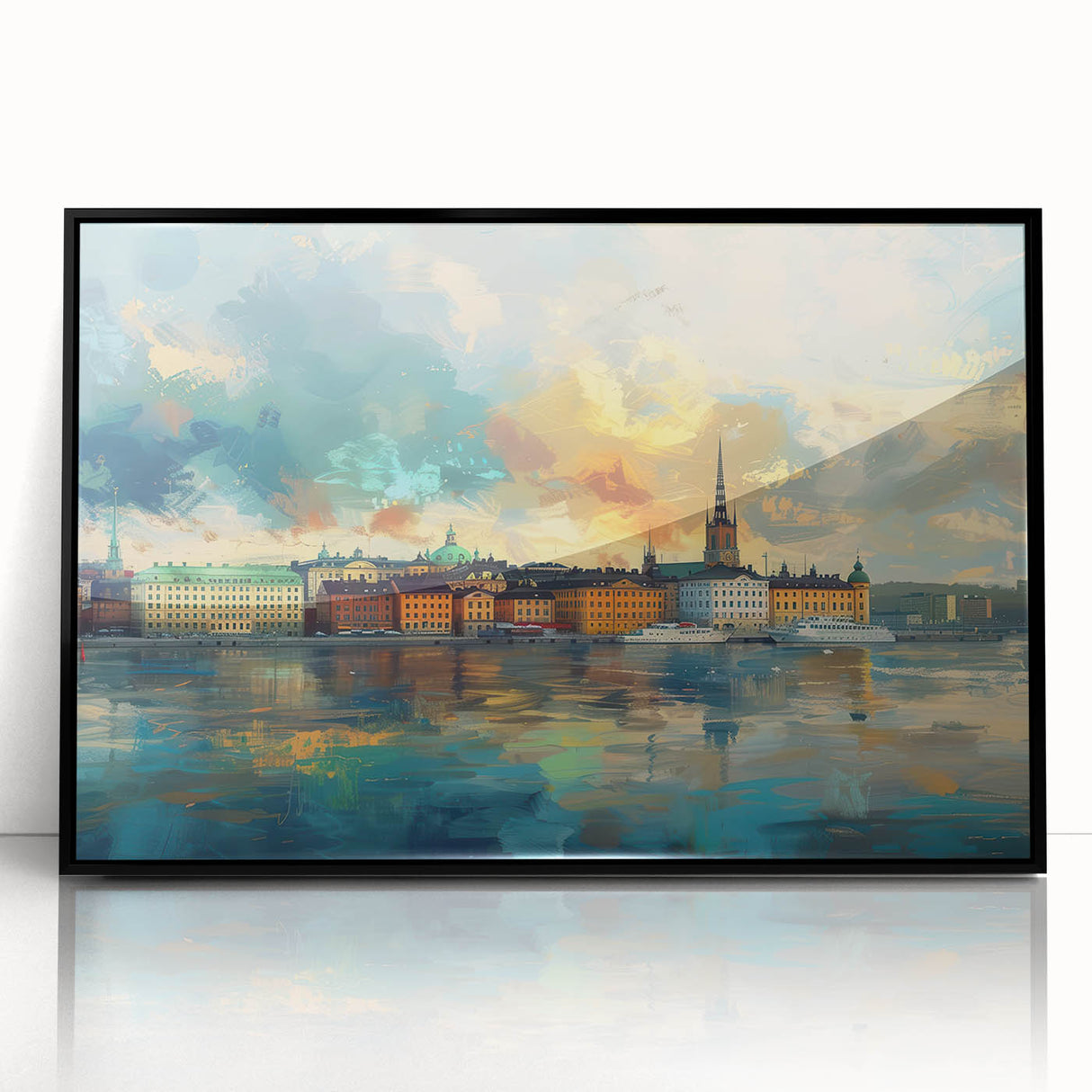 Large abstract wall art depicting Stockholm’s skyline in muted gray and blue tones on a framed acrylic.