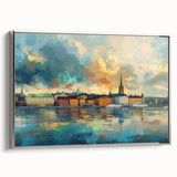 Landscape art painting of Stockholm featuring colorful vintage poster art on a framed canvas, ideal for living room decor.